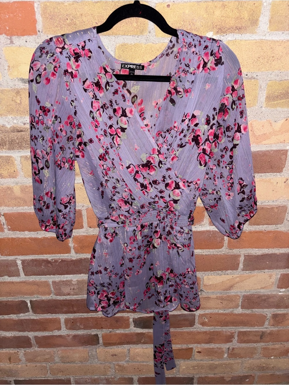 Express Lavender Shimmer Floral Wrap Blouse with Tie Waist